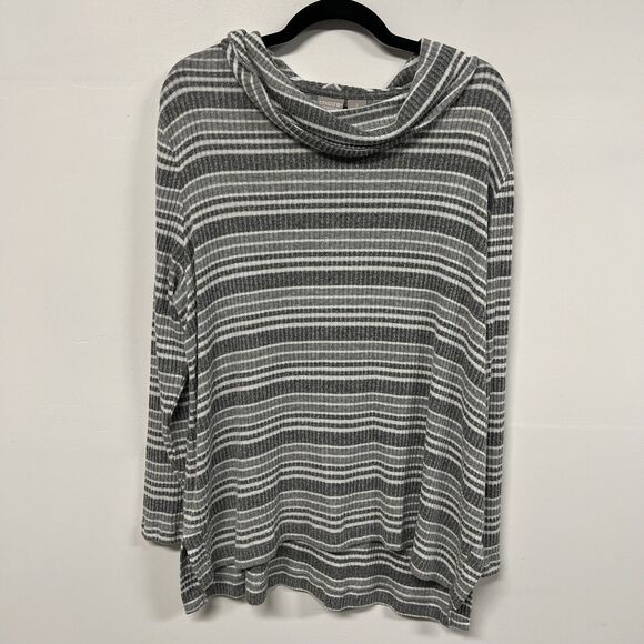 Chico’s Zenergy Cowl Neck Sweater Women’s 3 XL 16/18 Gray White Striped Ribbed - Picture 1 of 15